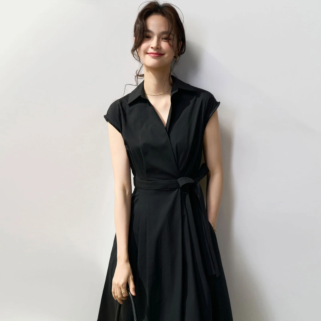 25夏法式优雅气质对称压褶立裁收腰系带显瘦棉衬衫连衣裙