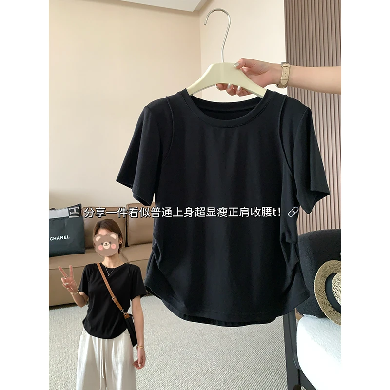 大码200斤学院风正肩纯色收腰短袖t恤女夏季简约百搭遮肉显瘦上衣