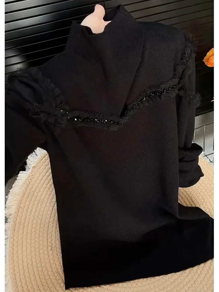 镂空钉珠针织衫女装秋冬时尚高级感修身显瘦半高领内搭打底衫上衣