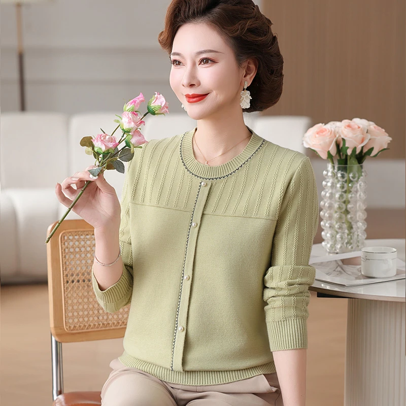 妈妈春秋装40-50岁减龄穿搭圆领打底衫中老年女装上衣薄款针织衫