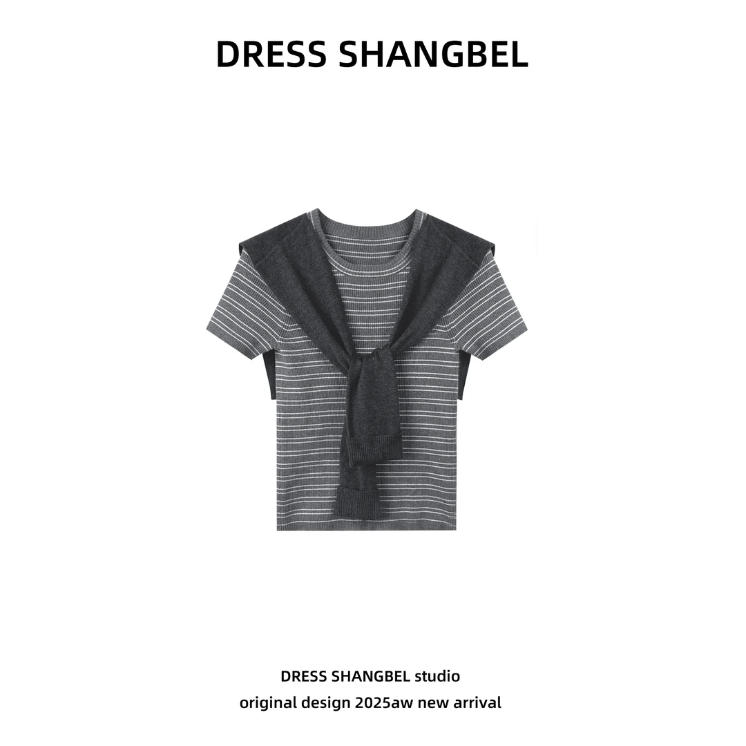 DRESS -夏季新款C4灰色条纹修身短款披肩两件套5212H