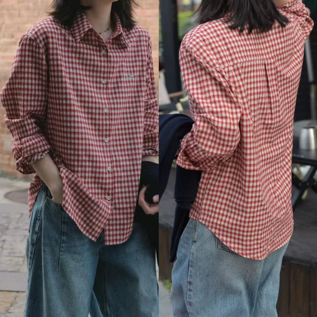 【秀秀新品】早春新款棉感刺绣标红格子衬衣休闲