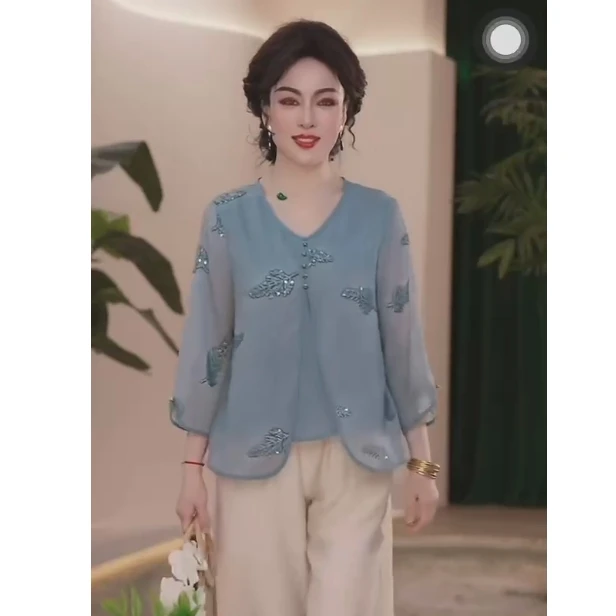 2025妈妈装夏款两件套女时尚新款简约洋气上衣裤子套装女