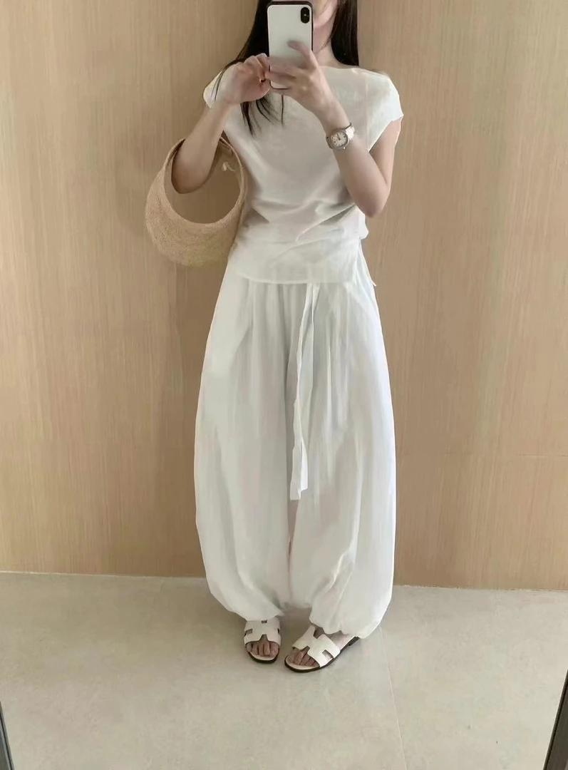 夏季高腰宽松阔腿裤简约百搭抽绳设计显瘦直筒裤脚