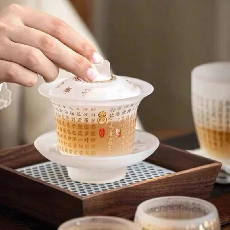 描金【直播专享】琉璃心经盖碗中式泡茶碗茶盖碗茶杯白瓷玲珑瓷茶具