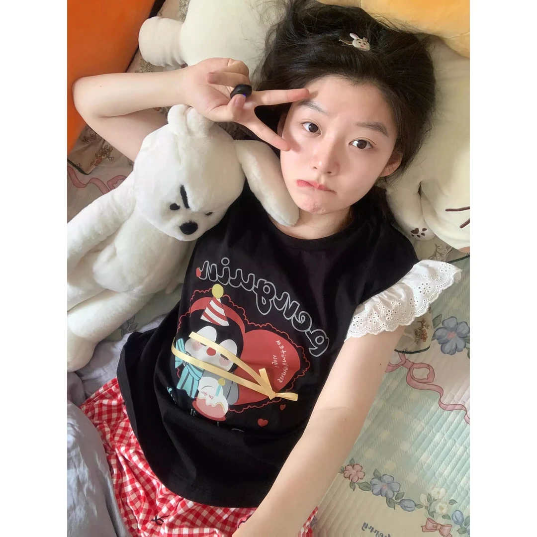 【卡通企鹅】甜美花边背心睡衣女2025夏季新款格子短裤居家服两件套