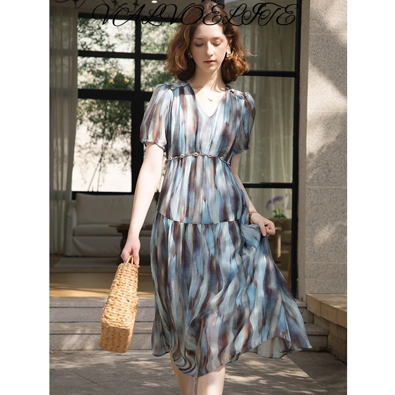 VALVOELITE爆款时尚2025新款法式茶歇名媛气质晕染渐变印花度假风