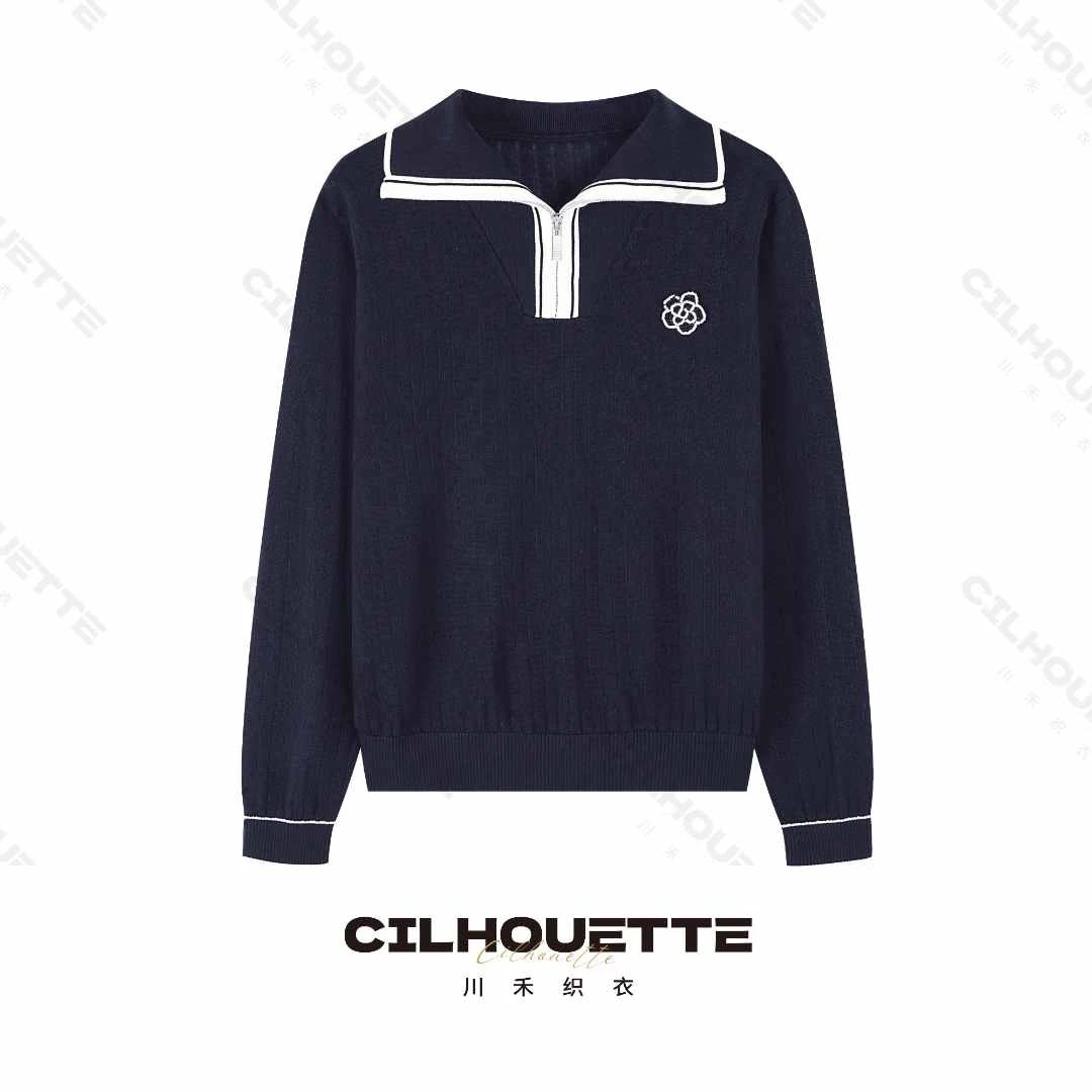 川禾织衣 秋冬撞色钉珠山茶花翻领100纯兰精天丝高端长袖针织衫