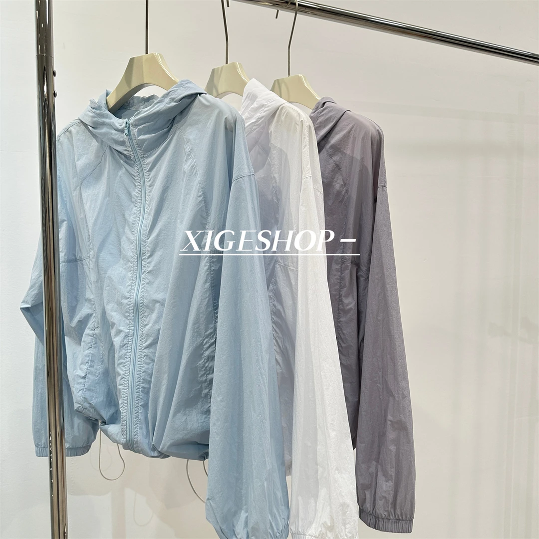 纯色轻薄速干连帽抽绳防晒衣夏季新款宽松休闲户外百搭拉链短外套