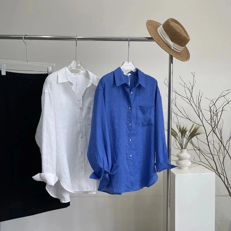 秋季新款棉气质长袖衬衫上衣气质廓形落肩宽松森系开衫时尚设计感