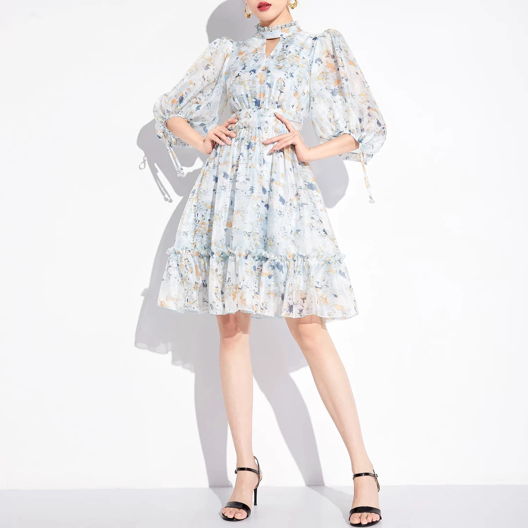 【彤彤专属】AUI蓝色御姐气质蕾丝连衣裙立领大摆裙-23X012639