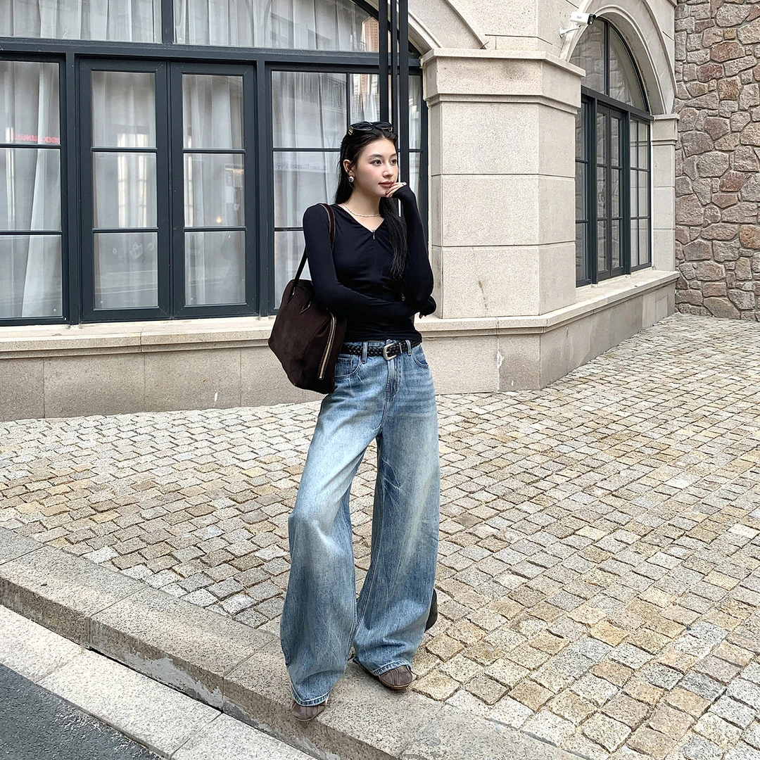 JWUW25秋冬季新款重工复古水洗无弹低腰阔腿弯刀设计感牛仔裤女