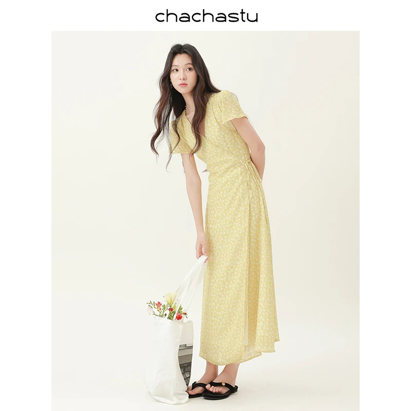 CHACHASTU【夏日出游】气质碎花斜襟一片式系带连衣裙  ZRS1587