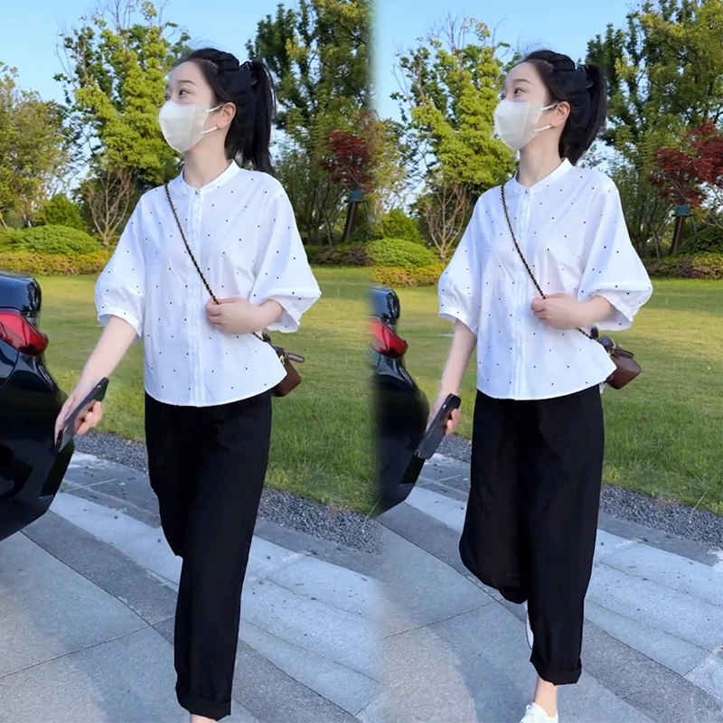 今年流行爆款套装韩系冷淡风盐系穿搭女装白色波点衬衫裤子两件套