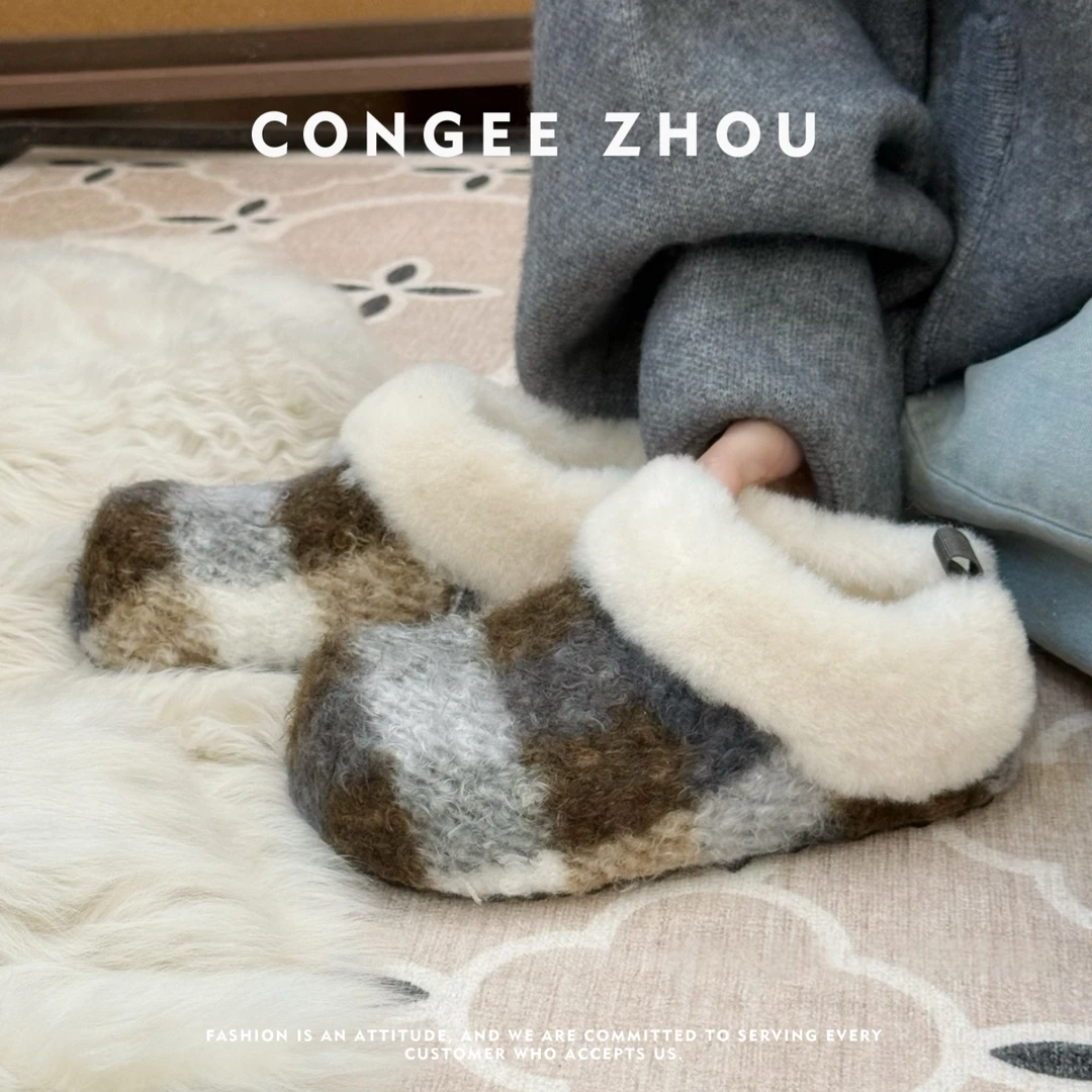 加绒厚底格纹毛毛鞋女2025新款冬款一脚蹬懒人勃肯拖鞋