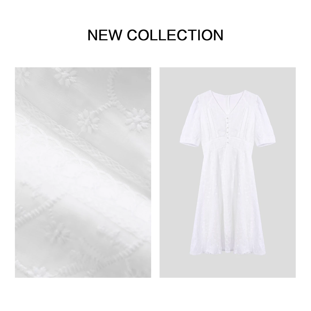 【艾美专属】白色V领泡泡袖修身刺绣连衣裙 L3F2269X