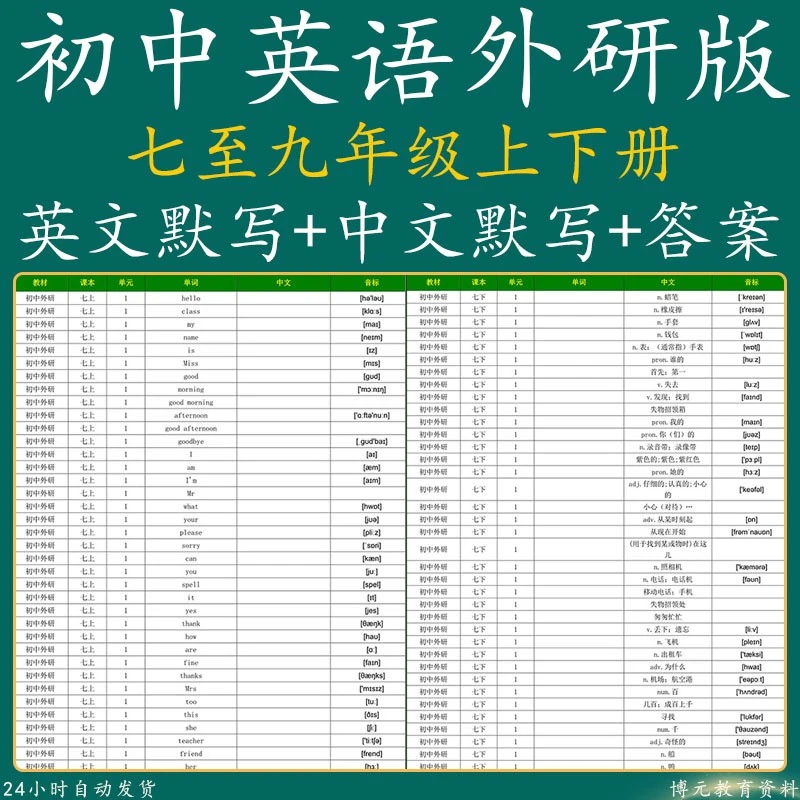 外研版初中英语七八九年级单词中英文默写表英译汉汉译英电子版