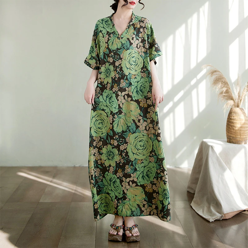 波西米亚棉麻短袖碎花印花连衣裙女装夏季胖mm宽松度假风遮肚长裙