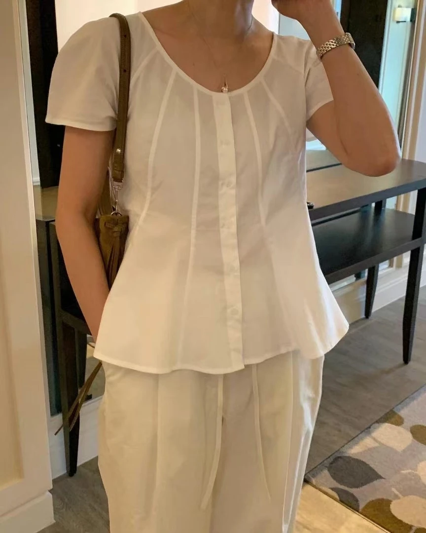 东大门正品纯色短袖休闲圆领衬衫小众百搭女士泡泡袖(no退no换）