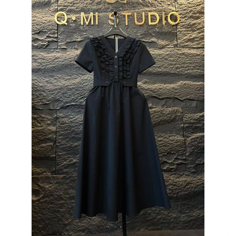 MIQIYMI原创大码高定设计v领设计花边收腰高级显瘦连衣裙Q6040