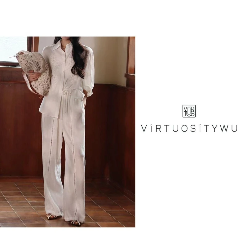 【优雅代表】优雅随性蕾丝拼接镂空亚麻休闲裤