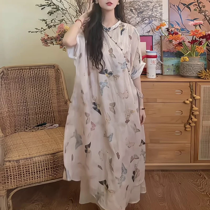 初秋新中式国风套头秋季印花斜襟连衣裙胖mm汉服气质裙子复古显瘦