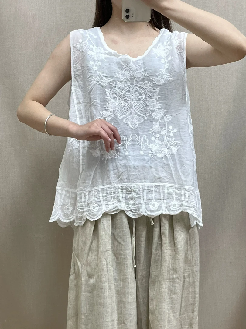 椿和【棉山】做旧炒色棉质刺绣水波纹圆领套头背心女衣长58胸围108