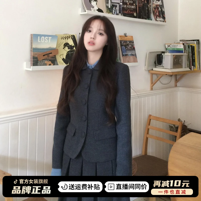 韩系学院风灰色西装套装裙子女秋冬季2025新款小个子高级感一整套