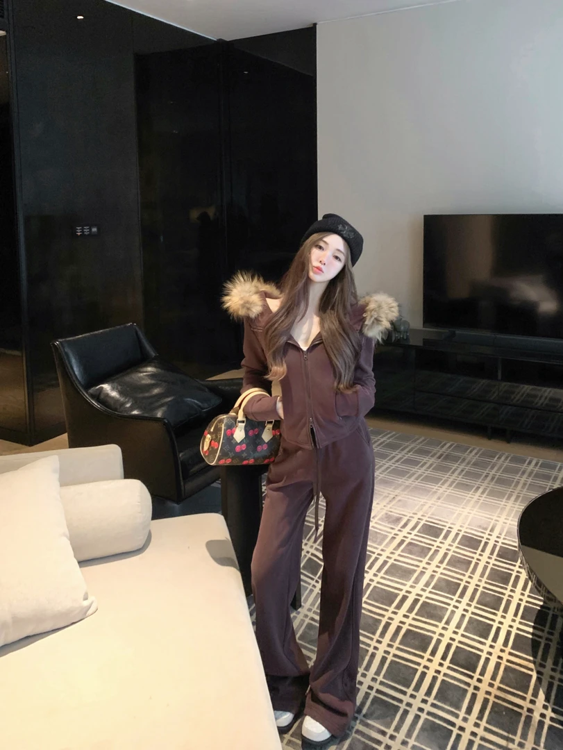 毛毛领连帽拉链卫衣外套女秋季松紧腰阔腿宽松长裤套装