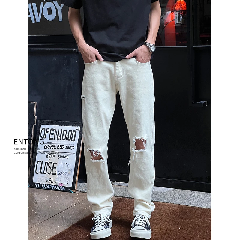 Entong美式街头宽松水洗破洞牛仔裤男生潮牌复古直筒百搭vibe裤子