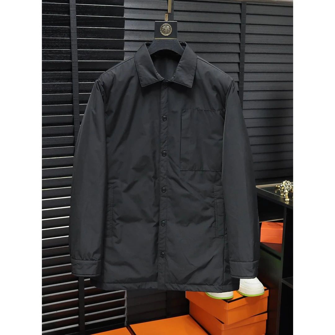 欧洲站冬季新款商务休闲翻领男士羽绒服中长款上衣纯色高级感外套