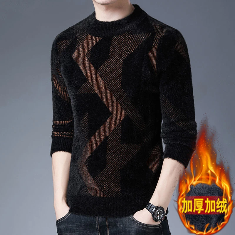 返潮复古冬季高档貂绒毛衣加厚保暖针织衫男士毛衣中年休闲打底衫