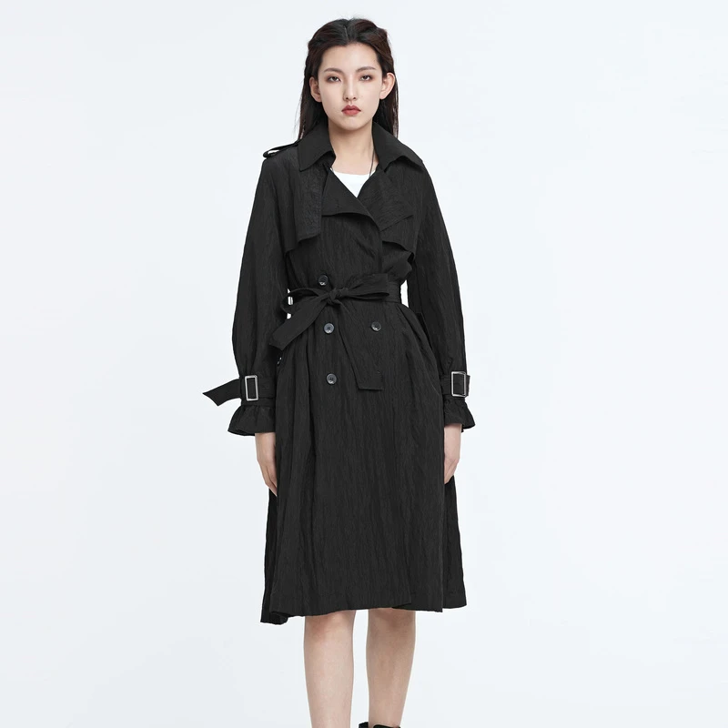 【粉丝专享】圣迪奥女装休闲西装领收腰双排扣褶皱风衣S22181809