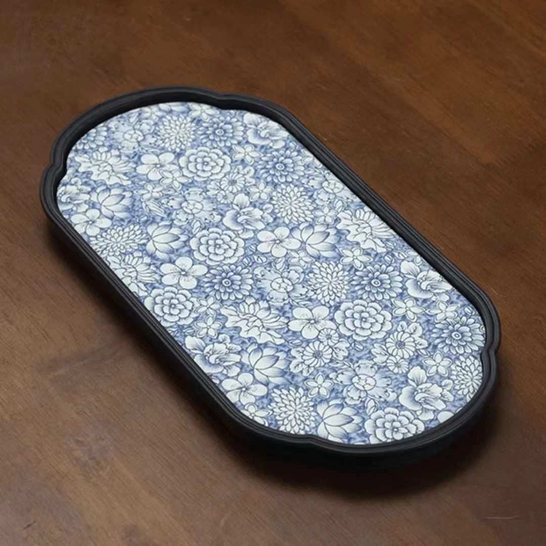 青花海棠干泡盘吸水茶盘