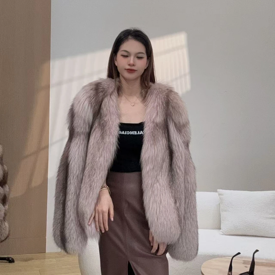 2025新款 脏脏粉 银狐狸毛中长款皮草外套女大牌整皮整版
