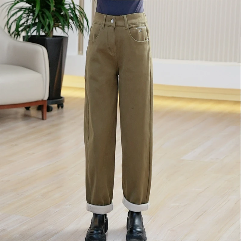 植绒糖果色牛仔裤女大码弹力百搭直筒显瘦保暖冬季阔腿休闲长裤