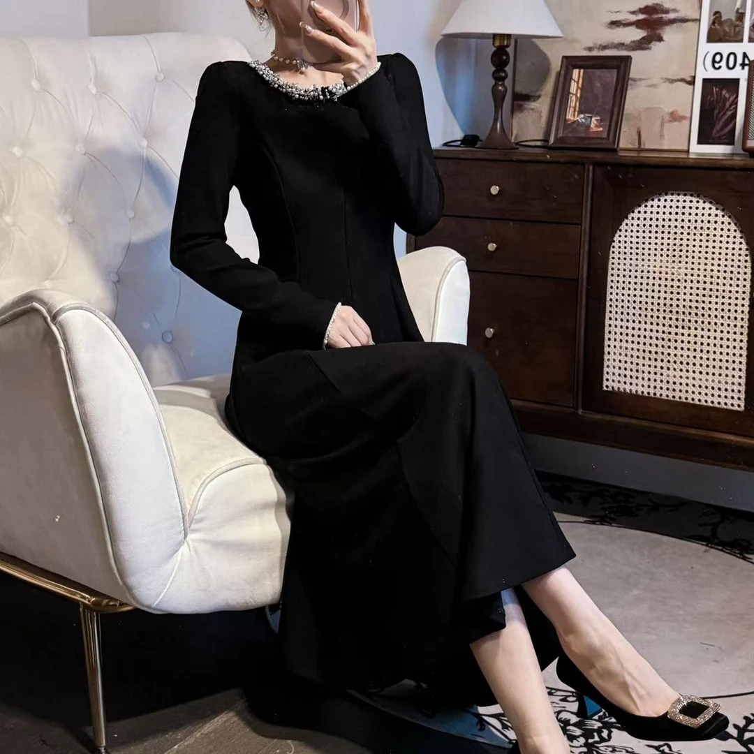 【炸姐婕拉】C206 都市漫步 法式气质显瘦重工钉珠长袖黑色连衣裙PL