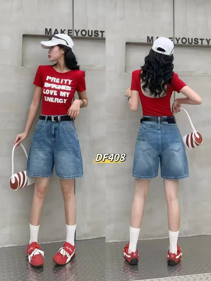 DF408-2025年夏季五分裤牛仔裤女休闲风韩版直筒型高腰牛仔短裤女