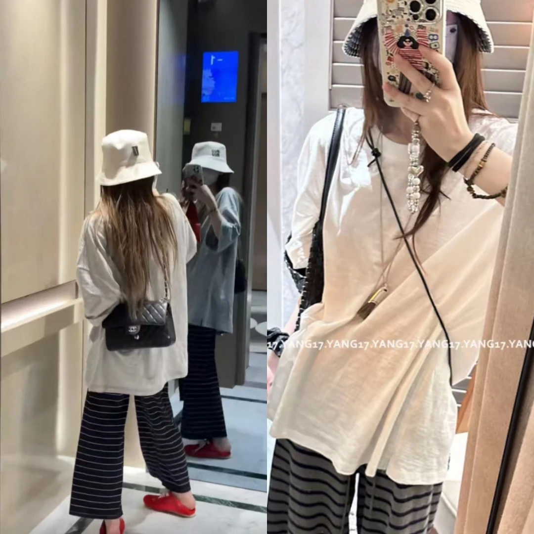 泡菜慵懒风时尚套装竹节棉宽松短袖t恤上衣直筒条纹九分裤套装薄