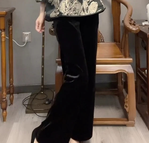 丝绒阔腿裤显瘦网红休闲中式