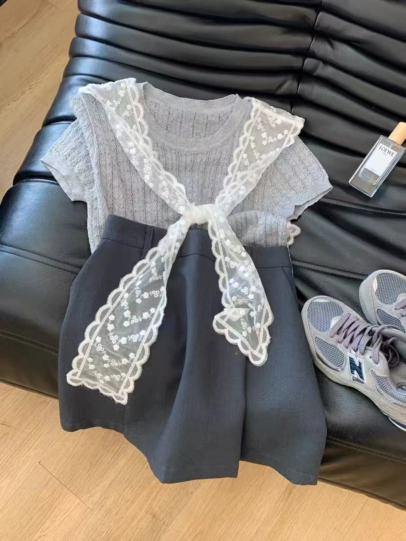 四件套灰色蕾丝披肩叠穿针织短袖T恤夏新款修身显瘦百搭上衣7019