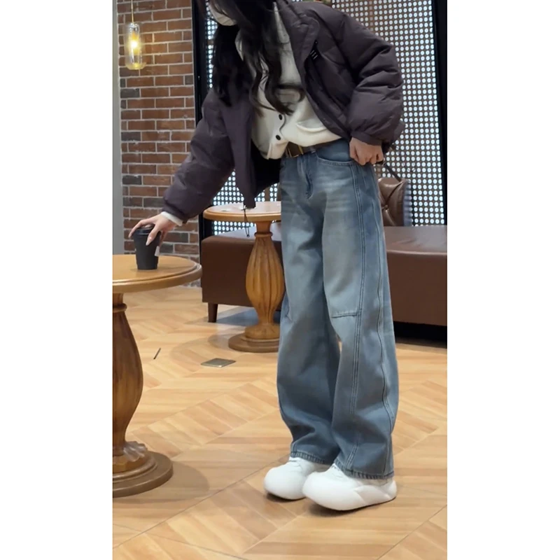 春季弯刀牛仔裤女高腰宽松直筒阔腿裤大码百搭显瘦拖地裤遮肉长裤