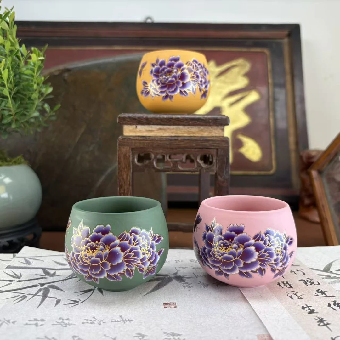 紫砂牡丹杯（变色） 绿+粉+黄-2792-0104