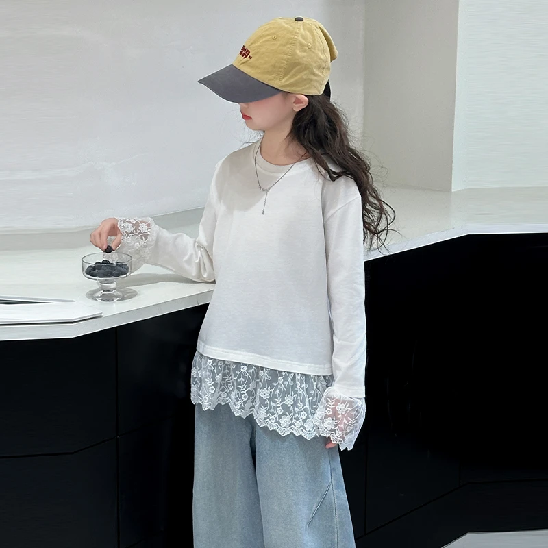 白色蕾丝花边打底衫女童春装2025新款女大童纯色t恤儿童长袖上衣