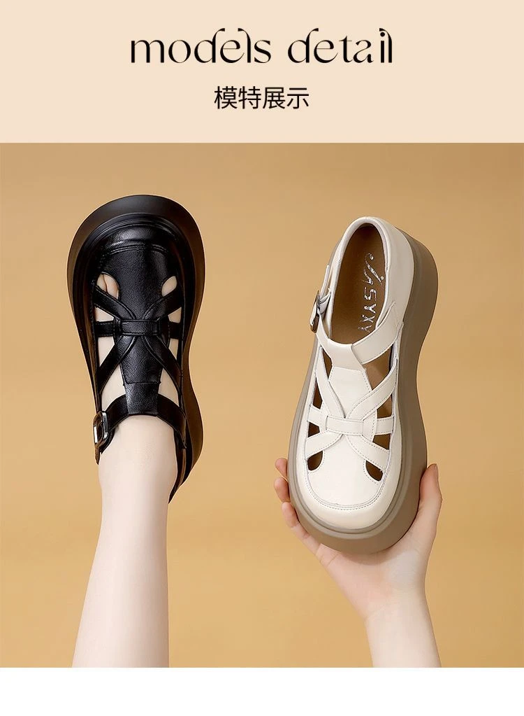 镂空女软底凉鞋包头休闲平底罗马凉鞋罗马风纳帕纹