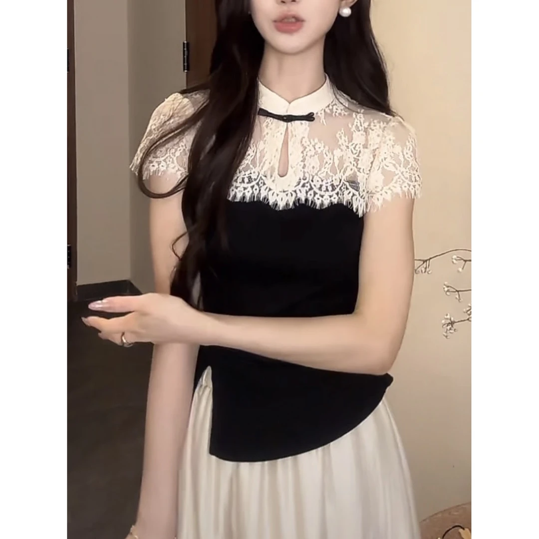 新中式蕾丝气质上衣女夏季新款高级感时尚气质古风小高领短款上衣