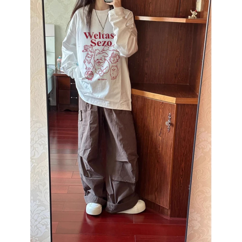 100%纯棉2-300斤大码长袖t恤女入秋穿搭圆领白色美式宽松学生上衣