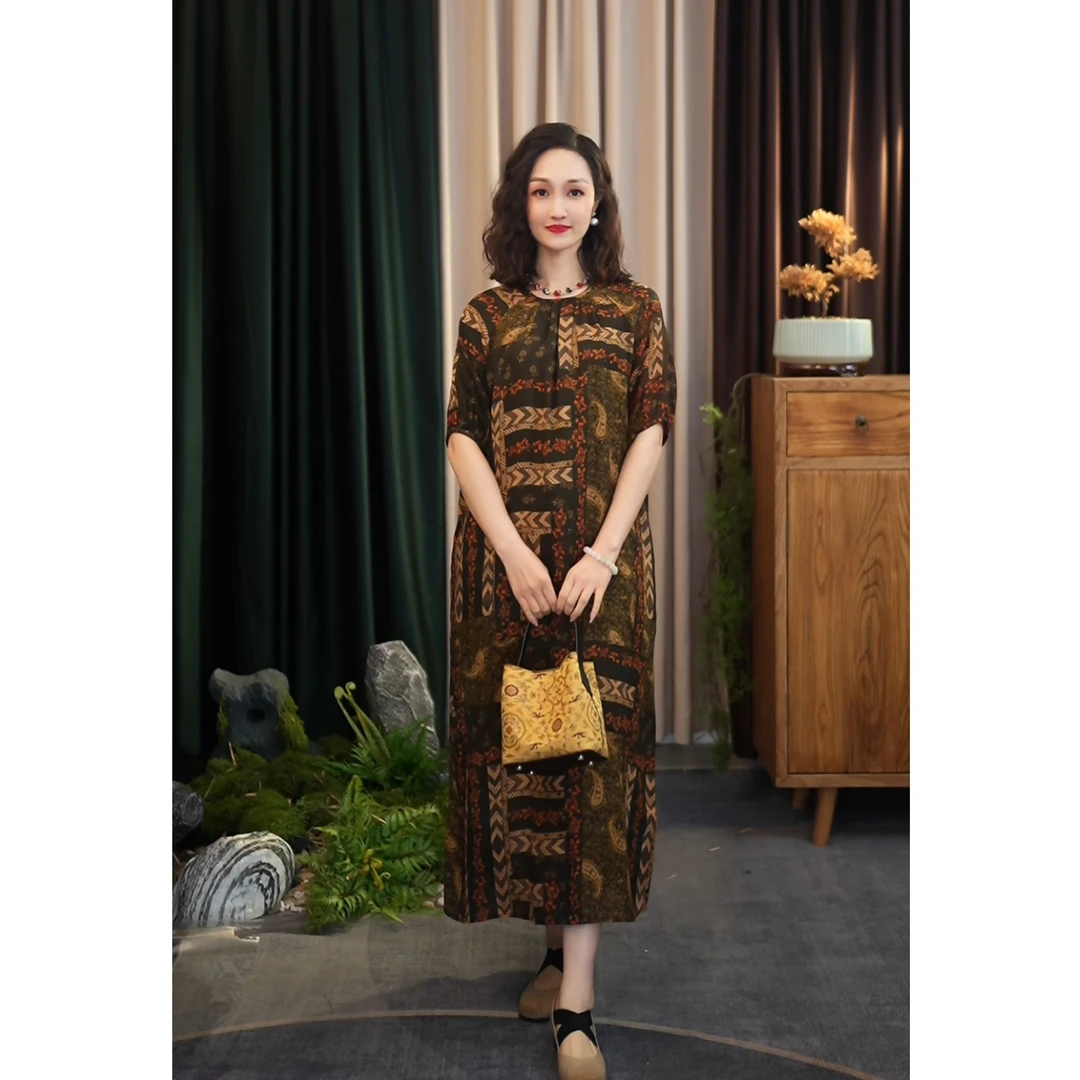 【辰辰高定】波西尼亚国风时尚古风香云纱桑蚕丝连衣裙J20B50427