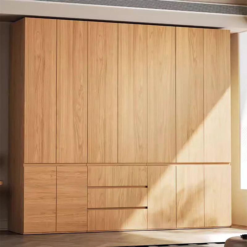 全实木衣柜橡木卧室家用简约现代分段小户型原木风组装大衣橱