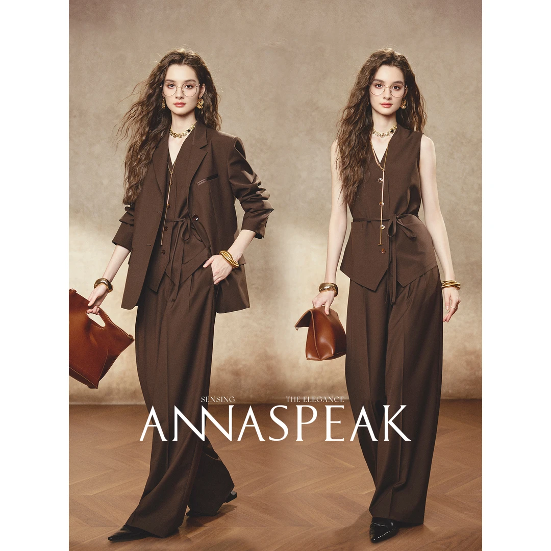 ANNASPEAK美拉德老钱风复古平驳领开衩腰绳羊毛醋酸马甲西裤西装